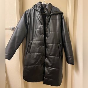 Forever 21 Black Faux Leather Puffer Jacket Longline Hooded Winter jacket
